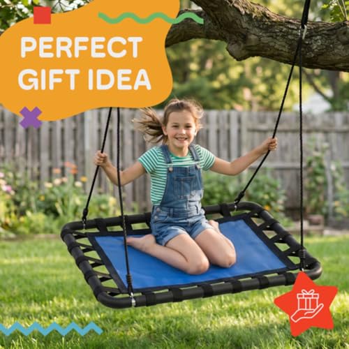 Image of Platform Tree Swing for Kids - Swing Set, Tree Branch, or Playground - 40x30in Rectangular Platform for Kids with Adjustable Rope - Outdoor Activities by Hey Play (Blue /Black)