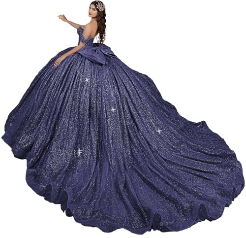Sparkly Quinceanera Dresses with Bow Puffy Glitter Beaded XV Dress Off Shoulder Ball Gown with Train YU010