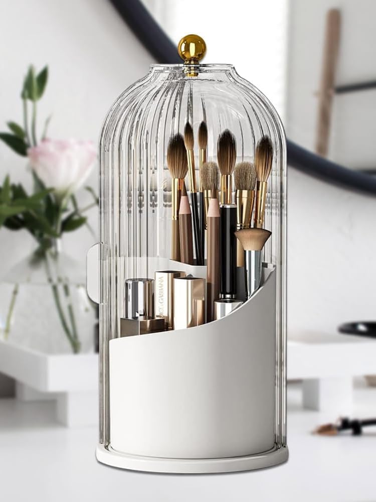 FIVAVA Makeup Brush Holder 360 Rotating Organizer with Clear Lid,Sliding Opening Dustproof Makeup Organiser Storage for Lipstick Lip Gloss