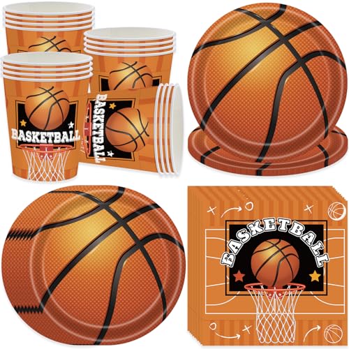 pekifaves Set de vaisselle de fête de basketball, assiettes de fête d'anniversaire pour 16 invités, assiettes en carton, tasses, serviettes, décoration d'anniversaire d'enfant Thème du Sport