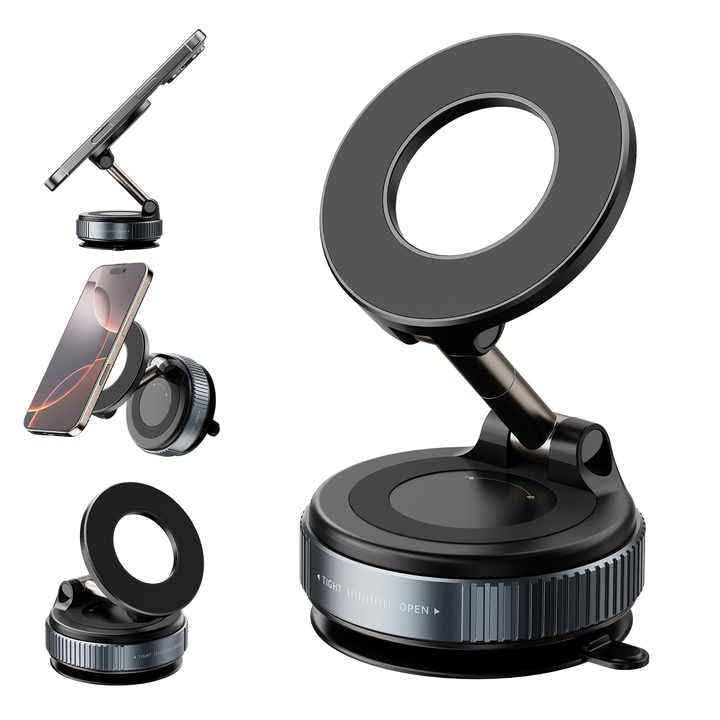 Image of Jango 2025 Upgraded 360 Vacuum Magnetic Car Phone Holder Vacuum Suction Magna Ring Foldable Cell Holder for Car /Gym /Mirror /Smooth Surface Compatible with All Mobile (Black)
