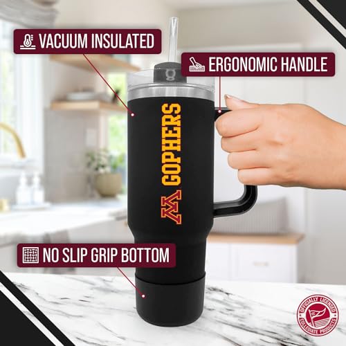 Image of Campus Colors College & University 40 oz Travel Tumbler With Handle - Dual Option Lid With Straw - Vacuum Insulated Stainless Steel (Minnesota Golden Gophers - Black)