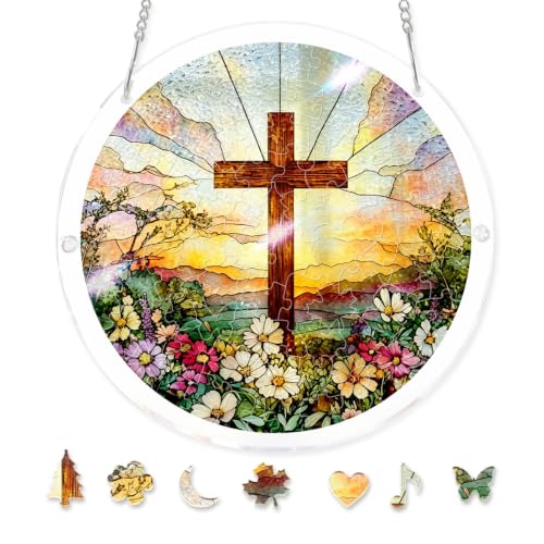 Christian Acrylic Puzzle Suncatcher,Cross Flower Sun Catcher Puzzle Kit for Adults,Faith Window Hanging Puzzles,Christian Decor, Inspirational Gifts for Women Family Friends,7.3 in