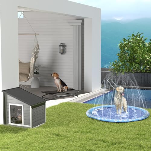 PawHut Hundehütte Outdoor aus Holz, Hundehaus mit zu öffnendem Asphaltdach und Türvorhang, Wetterbeständig Kleintierhaus für kleine Hunde, draußen, Grau, 71 x 58 x 53/77 cm