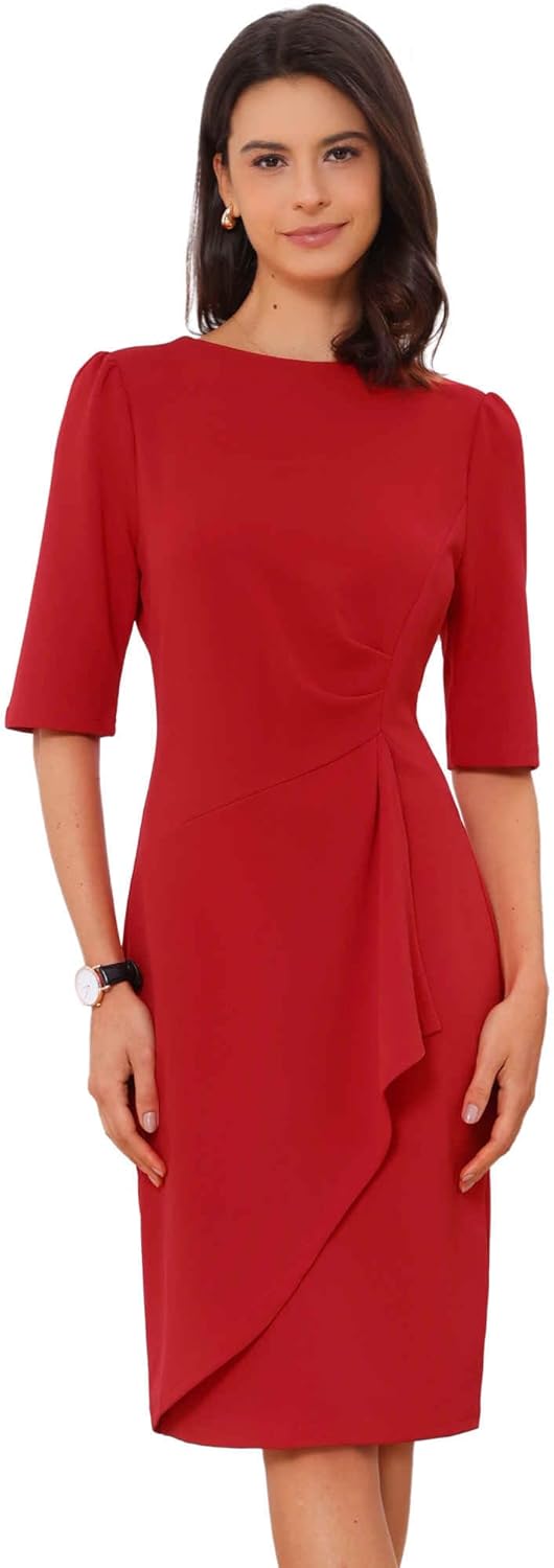 Allegra K Ruched Dress for Women's Short Sleeve Business Work Dress Trendy