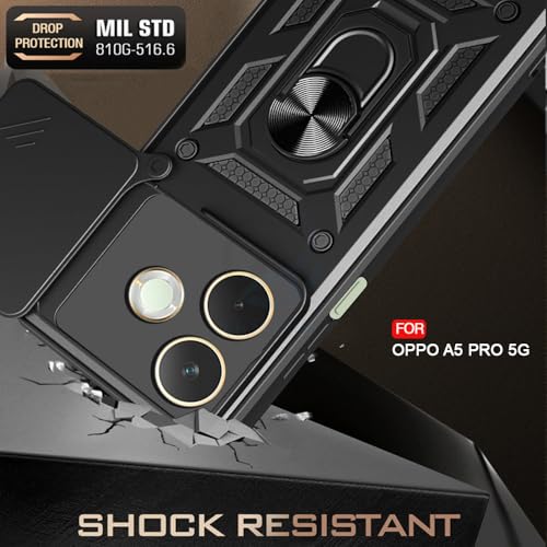 Image of AESTMO Tough Armor Oppo A5 Pro 5G Bumper Back Case Cover | Ring Holder & Sliding Camera Shield Cover | 360 Degree Protection Back Case Cover for Oppo A5 Pro 5G (Black)