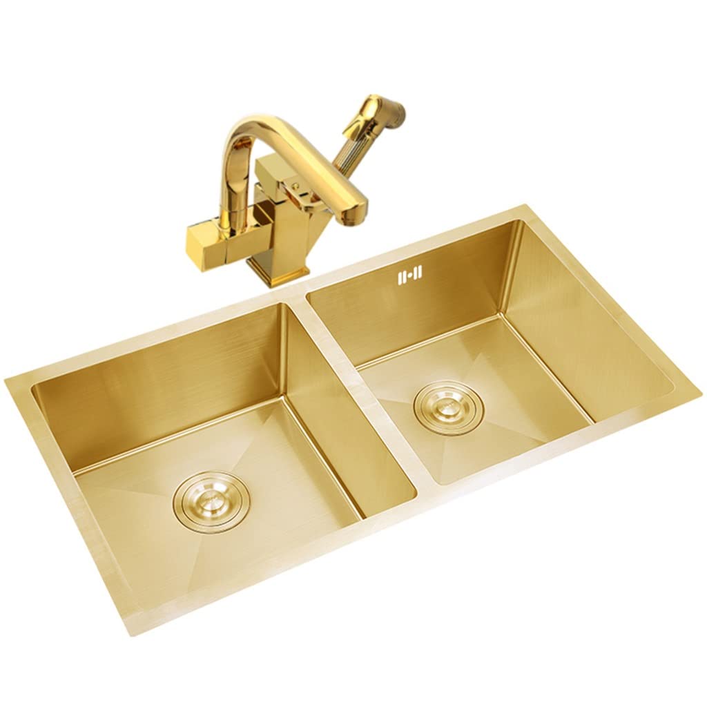 ZQFHSX Kitchen Sinks, With Spray Gun Faucet, Golden Double Bowl Bar Prep Sink, Drop-In Or Undermount Installation, 304 Stainless Steel, Easy To Clean (Color : Gold, Size 78x43cm)