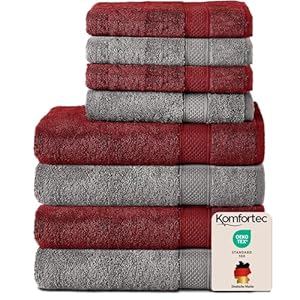 Komfortec Handdoekenset – Set van 8-4x Handdoek 50x100 cm en 4x Badhanddoek 70x140 cm - 100% Katoen - Antracietgrijs&Rood