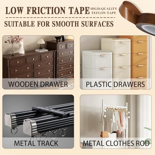 Image of Low Friction Drawer Slide Tape - 2 Rolls 1 /2 inch x33FT, Squeak Resistant & Abrasion Resistance Surface Protection Tape for Furniture, Tools,Wood,Drawer,Cabinet,Curtain(Brown)