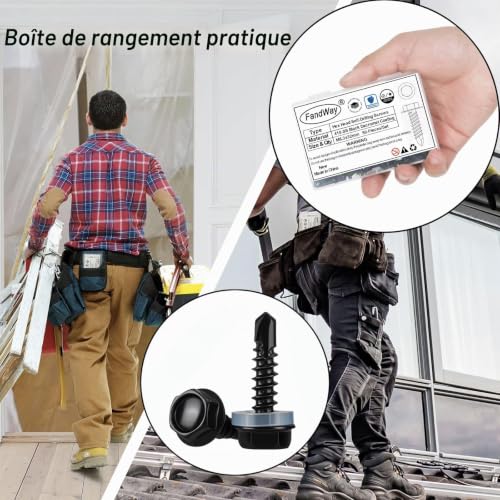 FandWay 50 Pièces Vis Autoforeuse Metal Noir,M6,3x32mm Vis à Tôle Autotaraudese à Tete Hexagonale avec Rondelle et Autoperceuse Autoperforante Inox 410 avec 1 Bits pour Aluminium Bois Plastique. – vue 8