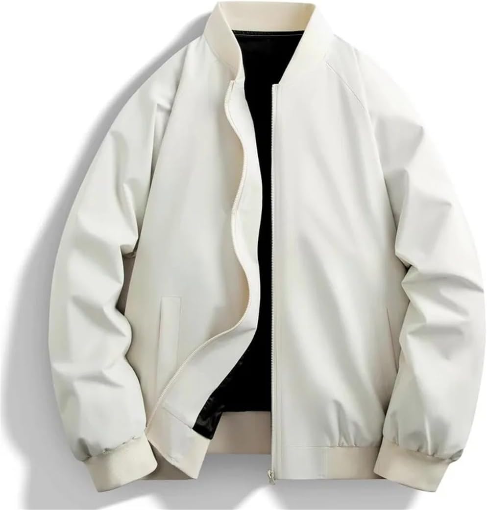Men's Spring Fall Windproof Bomber Jacket Solid Color Stand Collar Baseball Outerwear Coat