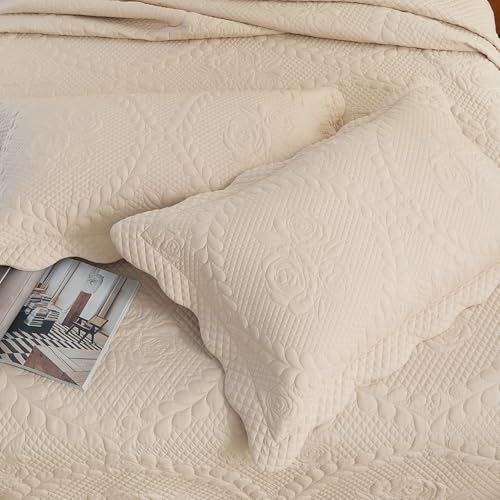 Image of EVENHUG Oversized King Bedspreads California King Quilt Set with Pillow Shams Extra Wide Large King Size Quilts Lightweight Coverlet Bedding Sets Beige 120 inchx128 inch