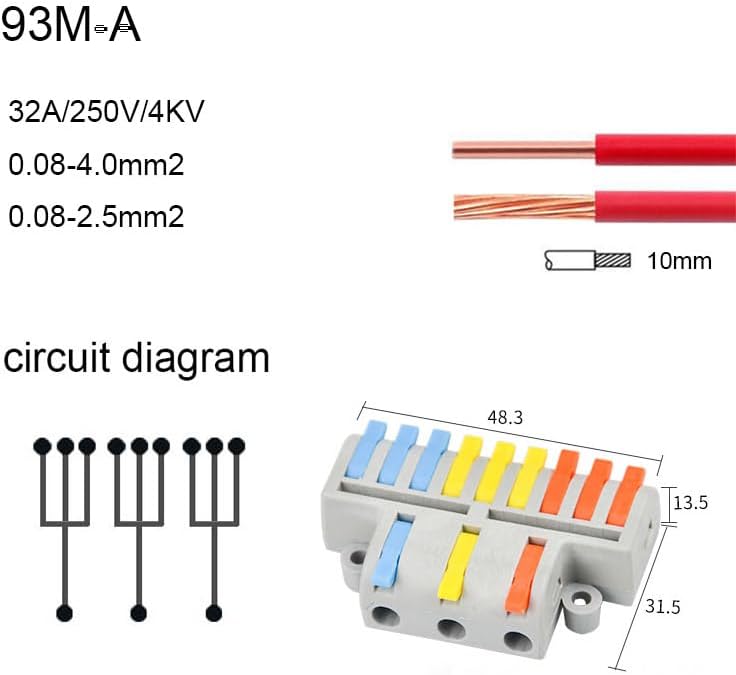 Fast Wire Connector Compact Splitter Lamp Wiring Cable Connector Push-in Conductor Terminal Block(93M-A,10 PCS)