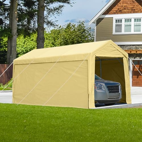 ADVANCE OUTDOOR 12x20 ft Heavy Duty Carport with Sidewalls & Doors, Adjustable Height from 9.5 ft to 11 ft, Car Canopy Garage Party Tent Boat Shelter with 8 Reinforced Poles and 4 Sandbags, Beige
