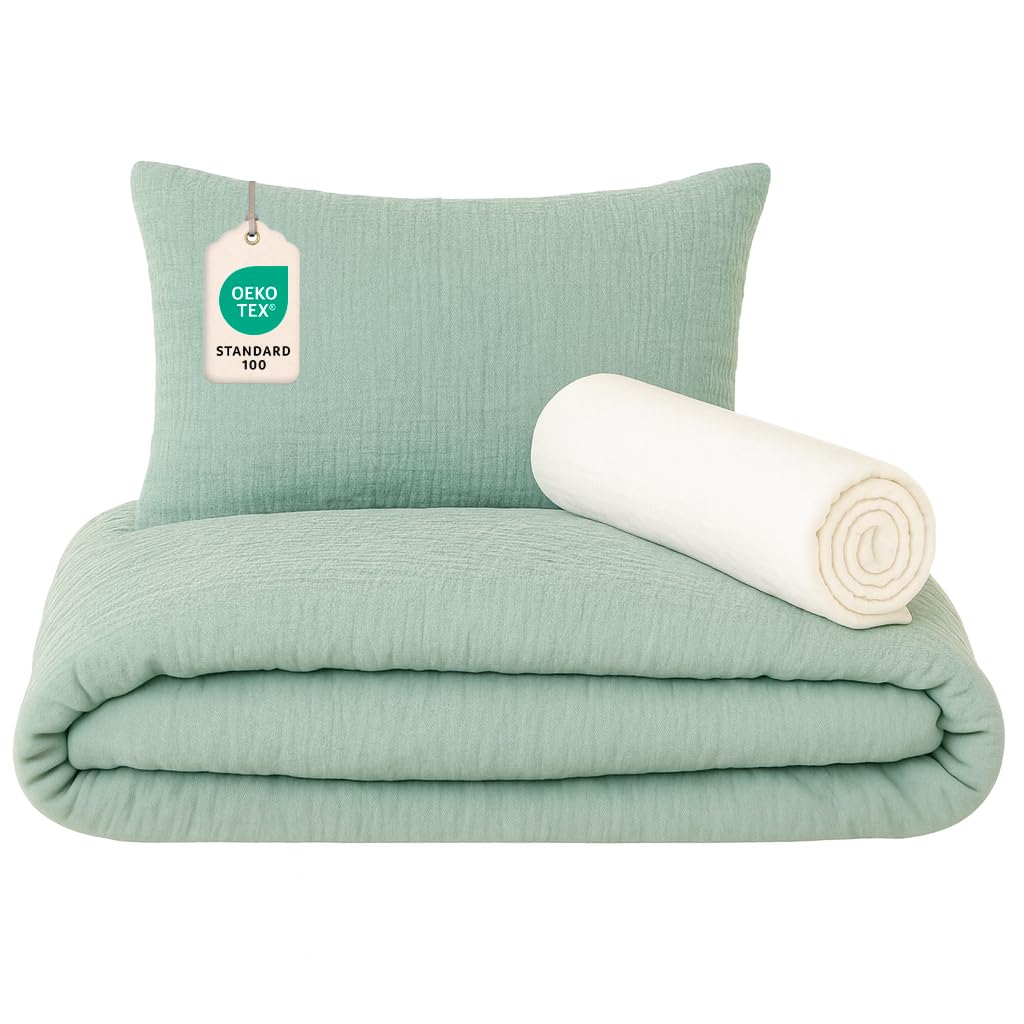 Sábana bajera de 80 x 160 cm + funda nórdica (100% gasa algodón) 120 x 170 cm + funda de almohada (100% muselina algodón) 40 x 60 cm – Juego de 3 piezas de 80 x 160 cm – Suave y aireada (Eucalipto, 80