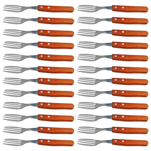 ACAN Tradineur - Pack de 24 tenedores chuleteros de acero inoxidable, mango de madera, cubiertos clásicos para carne, aptos para lavavajillas - 20,5 cm