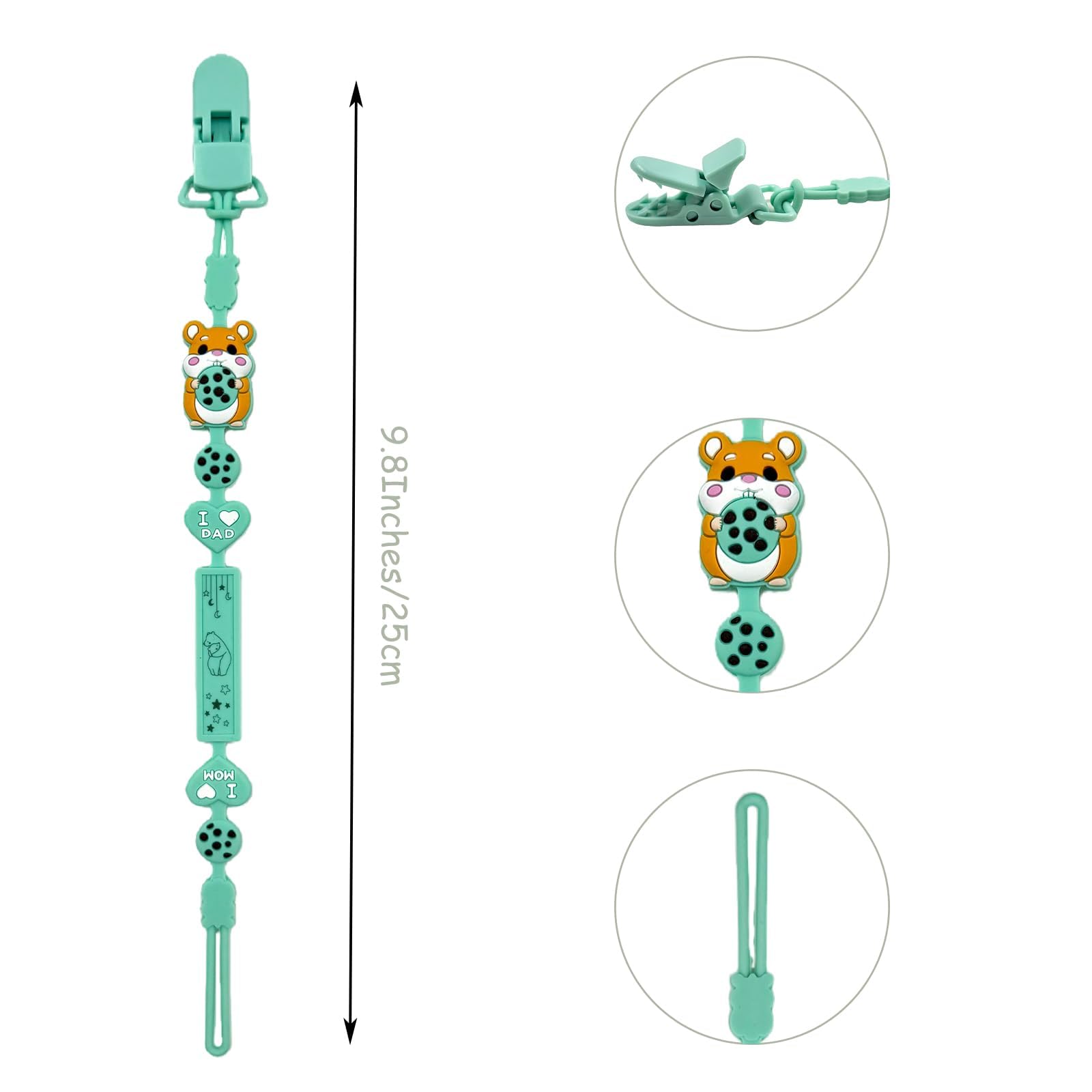 Catena per lecca-lecca in silicone, portaciuccio 2 in 1 e design monoblocco, cinghia per neonati e ragazzi, senza BPA, catena di criceto in 2 confezioni (Hamster - C)