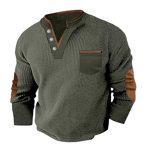 Sweatshirt for Men Long Sleeve Waffle Knit Sweater Quarter Button Mock Neck Pullover Fashion Henley Shirts with Pocket