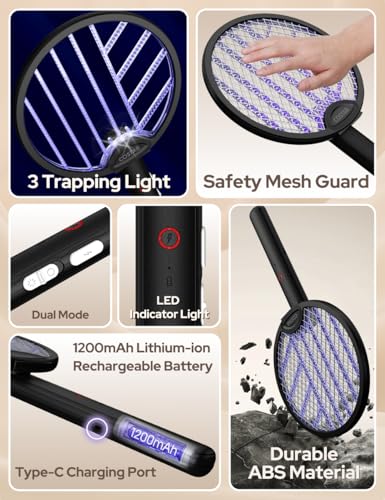 Image of COSTAR Foldable Mosquito Bat Rechargeable with UV Light Lamp, 2-in-1 Mosquito Racket, Electric Fly Swatter, 1200mAh Long-Lasting Battery, Rotatable Bug Zapper - Black