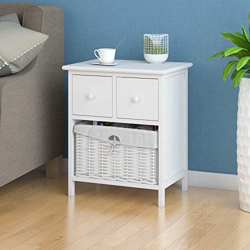 Keinode Mesita de noche con 2 cajones, cestas de mimbre, cómoda, para sala de estar, dormitorio, baño, pasillo