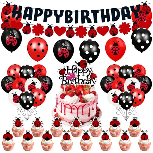 37Stück Marienkäfer Geburtstag Dekoration Set Marienkäfer Luftballons Deko Geburtstag Party Dekoration Mit 1 Geburtstagsbanner 16 Tortenaufsätzen 20 Luftballons