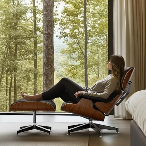 Image of Top Black PU Leather, Mid Century Chaise Lounge Chair and Ottoman, Modern Chair Classic Design, Walnut Wood, Heavy Duty Base Support for Living Room Office