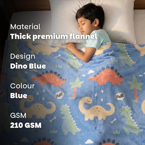 Image of Famyo Glow Blanket for Kids -Cute Dinosaur | Kids Blanket 0-15 Yrs | 200x152 cm Double Bed Blanket | Soft Flannel Blankets for Winter | Lab-Tested & Safe, (Blue)