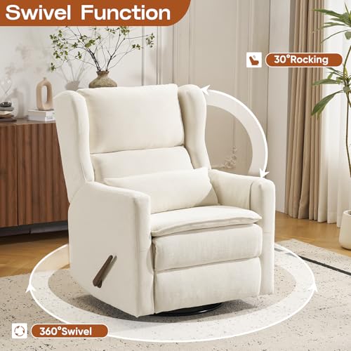 Image of Swivel Rocker Recliner Chair,Glider Rocker Recliner Nursery Chair with Adjustable Headrest, Rocking Chair Nursery with Lumbar Support, Manual Recliner with Cup Holder and Side Pockets, White