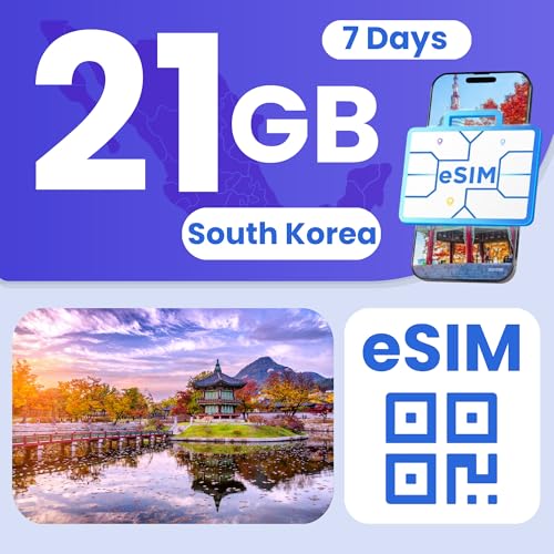 Image of eSIM Cards for International Travel Prepaid Data, Compatible with Unlocked Smartphones, 4G LTE 5G, Hotspot Supported, Instant Activation in 10 Minutes (Korea 21GB / 7 Days)