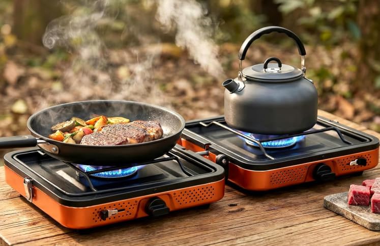 Réchaud de Camping Portable 2 Brûleurs 4400W, Cuisinière à Gaz Puissante pour Cuisson en Extérieur, Réchaud Pliable avec Allumage pour Randonnée...