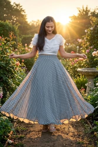 Image of Women's Lycra Top with Georgette Skirt | Polka Dot Print Long Flared Maxi | Full Length Flowy Skirt for Women | Stylish Casual Wear