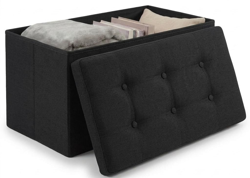 Edihome, Pouf Rangement Pliable avec Couvercle en Tissu 38x76x38 cm – Coffre de Rangement, Banc Multifonction, Repose Pied Salon, Coiffeuse (Noir)