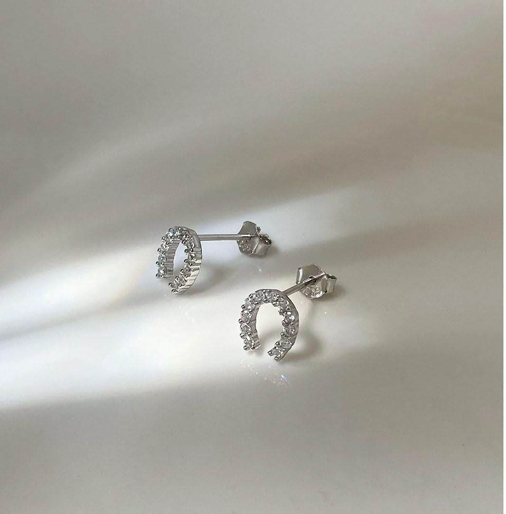 Lucky Horseshoe S925 Sterling Silver Small Stud Earrings for Women Cubic Zirconia Dainty Elegant Good Luck U Shape Hypoallergenic Tiny Mini Cartilage Earring CZ Cute Fashion Jewelry Animal Horse Lover Gifts - Image 2