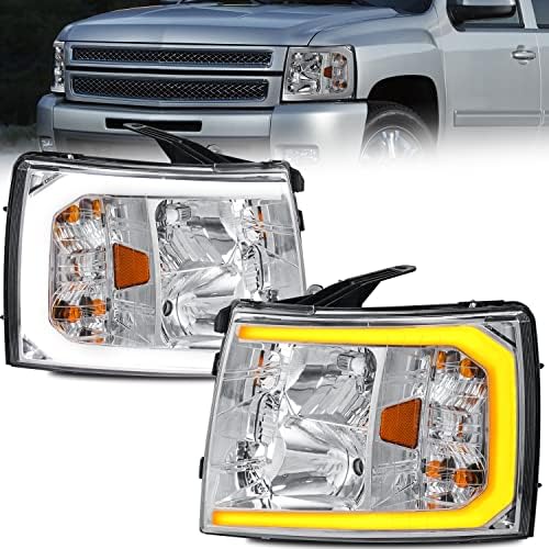 MOSTPLUS Headlight Assembly Compatible with 2007-2013 Chevy Chevrolet Silverado 1500 2500 3500 Front Lamp with Sequential Turn Light/Led DRL-Chrome Housing/Clear Lens/Amber Reflector