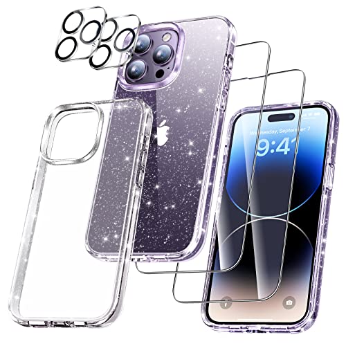 UniqueMe für iPhone 14 Pro Hülle, 5-in-1-Set Handyhülle für iPhone 14 Pro Case Rundumschutz Schutzhülle Cover, 1 Handyhülle & 2 Schutzfolie & 2 Kameraschutz - Glitzer