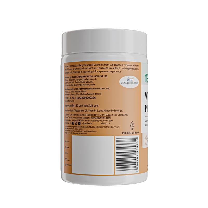 Image of Neuherbs Vitamin E Plus Capsules for Skin & Hair | Plant-Based Vitamin E Supplement with Almond & Sunflower Oil | Supports Glowing Skin & Hair Strength | Vegan | 60 Capsules