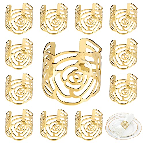 Fennoral 12 Stück Weihnachten Serviettenringe Gold Weihnachts Serviettenschnallen Rose Weihnachtsserviettenringe Metall Serviettenring Halter für Dinnerpartys Abendessen Weihnachtstischdekoration Cover