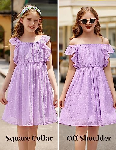 Flypigs Old Girls Ruffle Sleeves Casual Birthday Dress With Lined Summer Casual Dress For 7-8 Years Kids Purple #TOP4