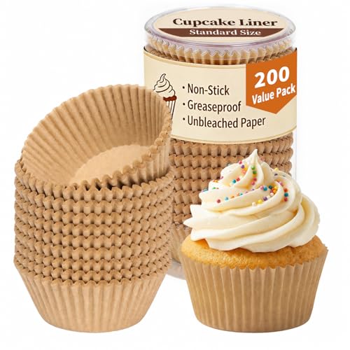 Image of KORCCI 200 Premium Cupcake & Muffin Liners - Unbleached Parchment Paper, Greaseproof & Non-Stick Baking Cups for Muffins, Cupcakes, and Party Treats