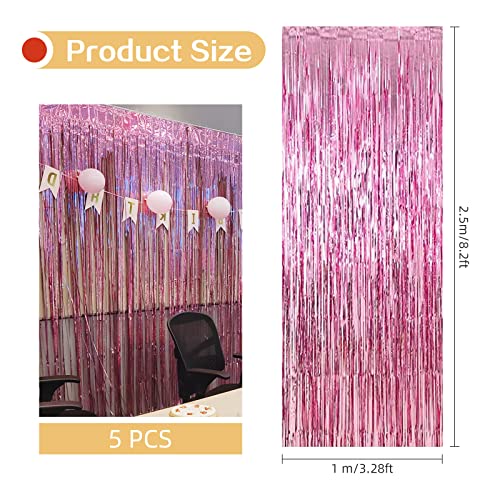 Image of 5 Pack Pink Fringe Foil Curtain 3.2ft x 8.2ft Tinsel Backdrop Streamers for Birthday Party Decoration Wedding Christmas Decoration