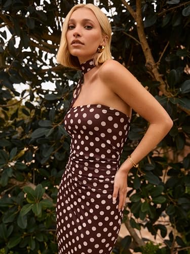 CIDER Women Polka Dot Ruched Midi Dress Halter Neck Sleeveless Cocktail Party Middle Waist Dresses4