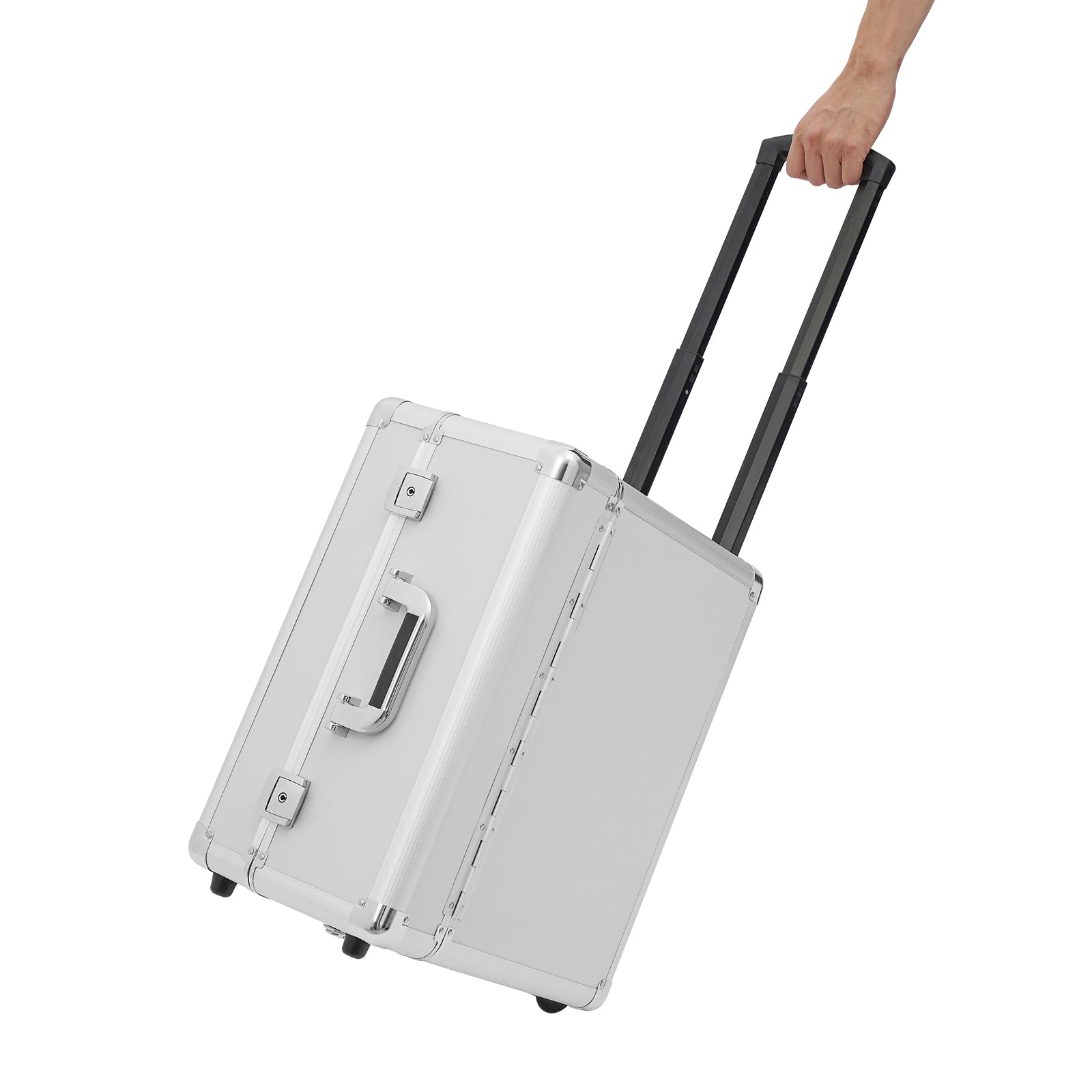 Valigetta da pilota con ruote, valigetta arrotolabile, con asta telescopica, per documenti, contratti, biglietti da visita, penne, 39 x 24 x 48 cm, argento