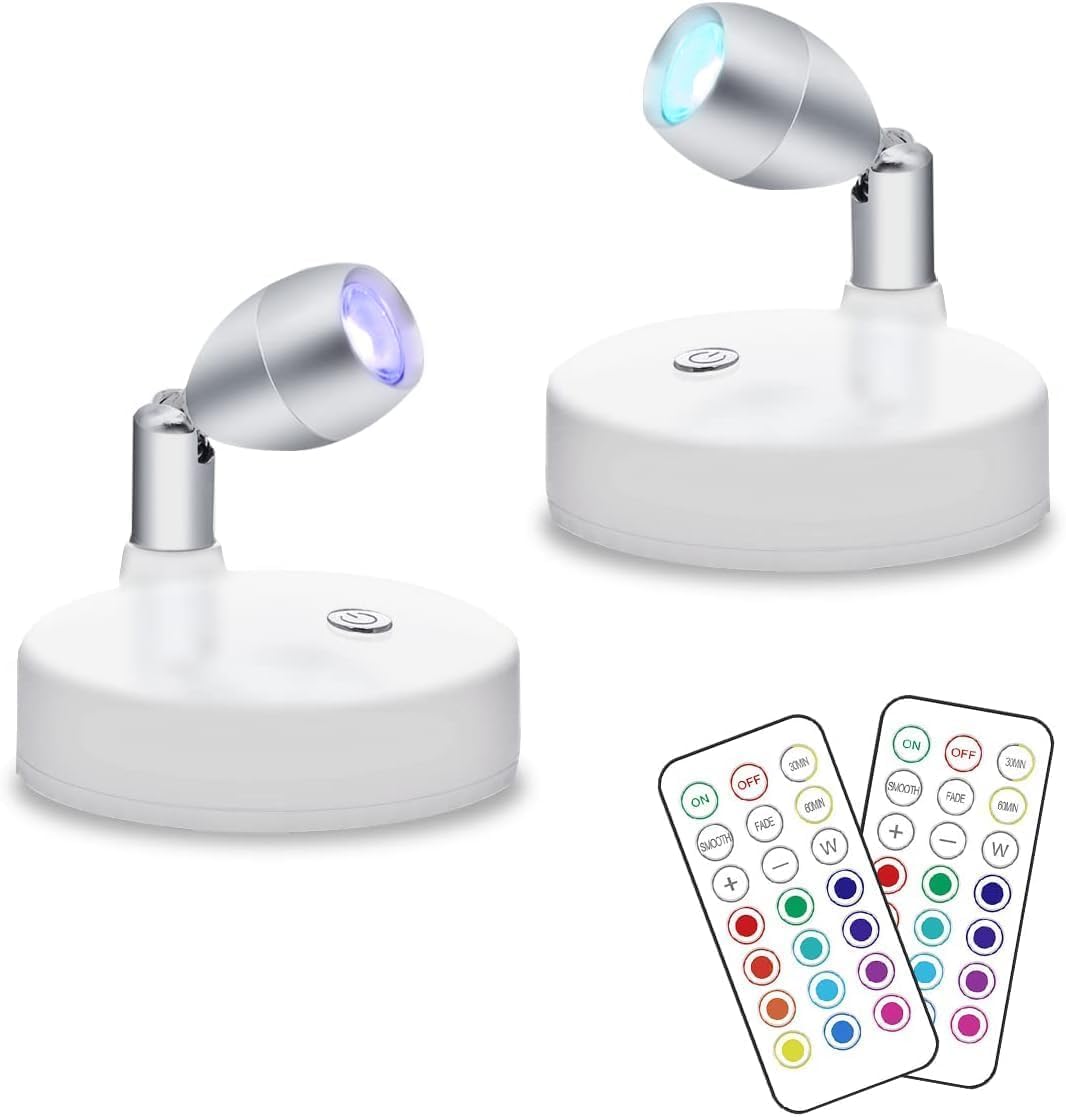 - RGB Wireless LED Spotlight, Battery Operated Accent Lights, Indoor Mini Puck Light, Dimmable Uplight with Remote, 4000K Warm White, Stick on Wall Light with Rotatable Head, White, 2 Pack