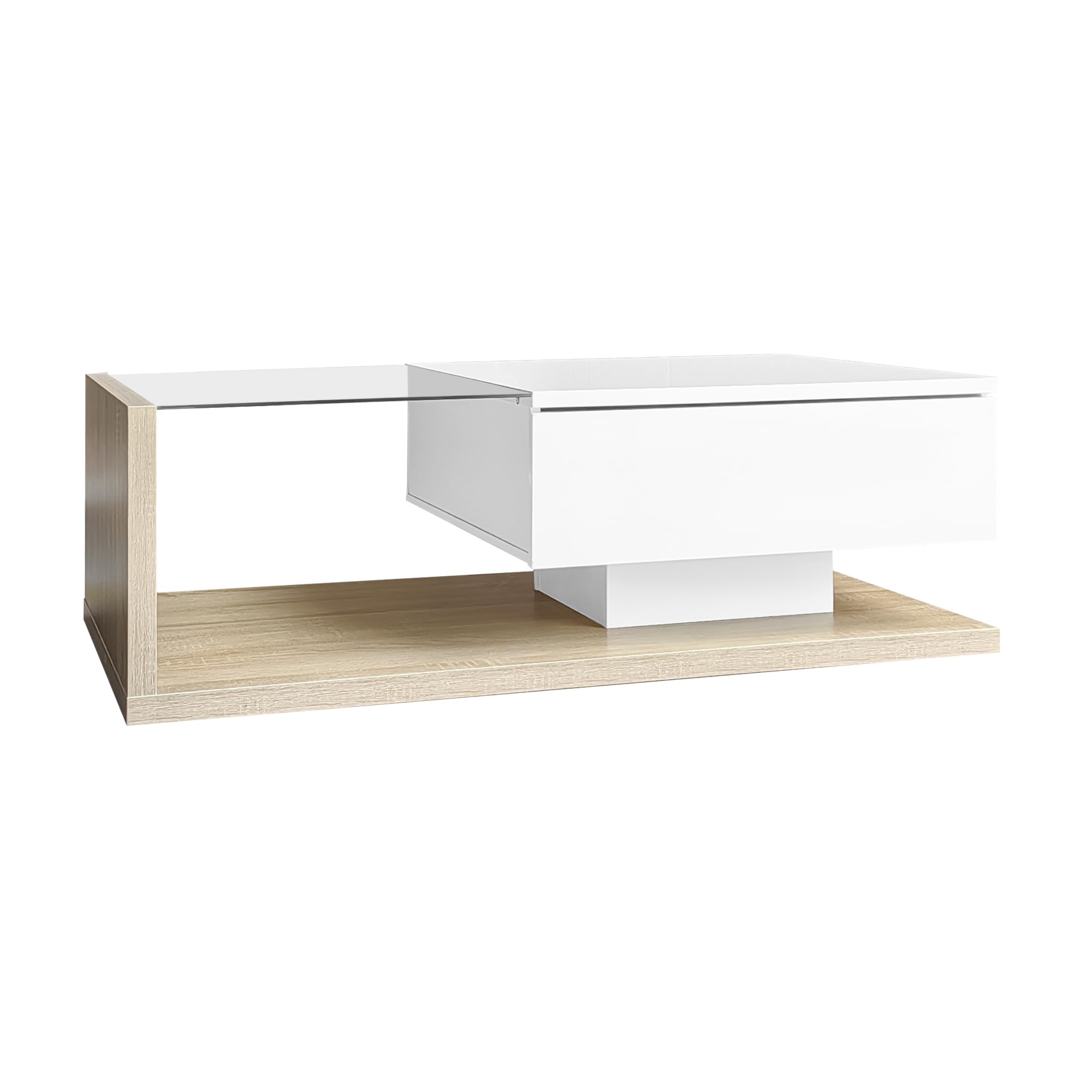 Mesa de centro de 105 x 55 x 32,5 cm, mesa auxiliar, mesa de café en color blanco brillante y combinación de colores de madera, mesas de centro con cristal y efecto LED para salón (blanco y