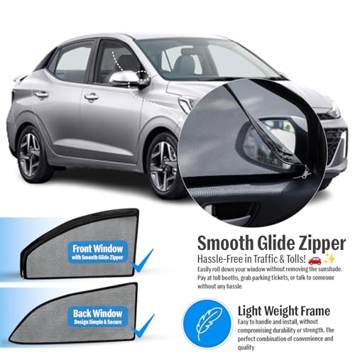 Image of Autofact Magnetic Car Sunshades Compatible with Hyundai Aura (Set of 4) - Easy Installation, UV Protection, Keeps Car Cool (Front 2 with Zippers for Easy Access, Rear 2 Without Zippers)