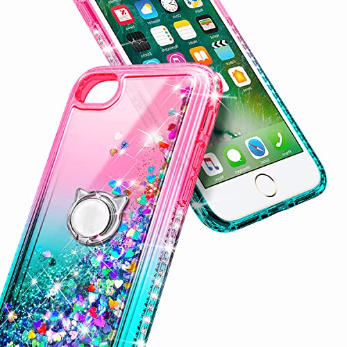 Ngb Compatible For Iphone 8 Plus Case, Iphone 7 Plus /6 Plus /6S Plus With Tempered Glass Screen Protector, Ring Holder, Girls Women Kids Liquid Bling Sparkle Glitter Cute Case (Pink/Aqua) #TOP2