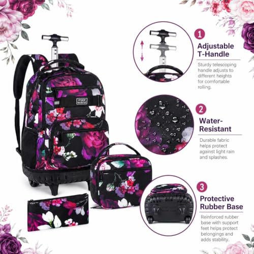 Image of 3Pcs Rolling Backpack for Girls, 19 Inche Rose Roller Bag with Wheels, Adults Wheeled Bookbag Set for Women(Black)