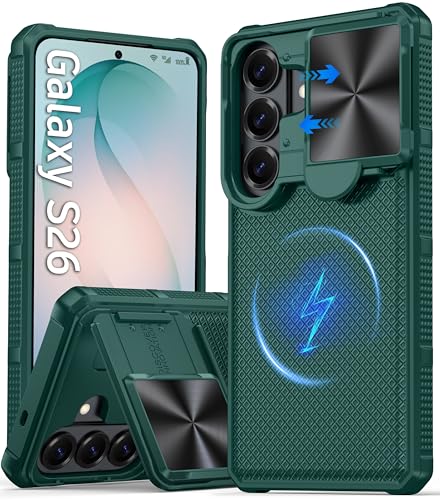 Image of Magnetic for Samsung Galaxy S26 Case,[Slide Camera Cover][Kickstand][Compatible with Magsafe][Military Grade Protection] Shockproof Rugged Case for Galaxy S26, Green