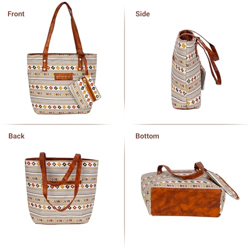 Image of Storite Small Women's Tote Bag with Leather Handles & Embroidery Printed Handbag with Zip Pockets, Shoulder Tote Bag and Handbag for Office and College (WhiteBrown, 26x21x9.8 cm)