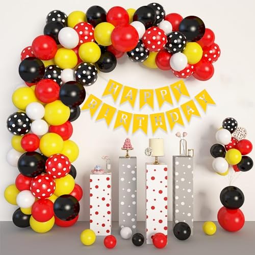 Image of Rozi Decoration Mickey Theme Latex, Cardstock Birthday Decoration Set of 51 Pcs Red, Black & Yellow Balloons with Happy Birthday Banner for Mickey Birthday Party Decorations